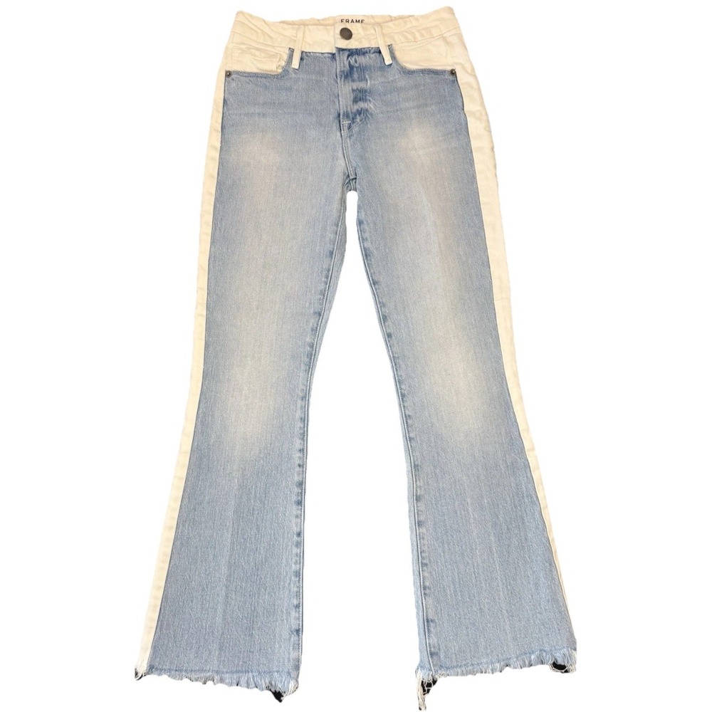 FRAME Jeans Womens 24 Blue White Stripe Le Crop Mini Boot Raw Hem Bootcut USA